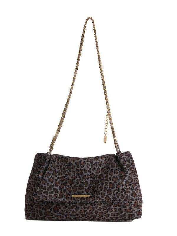 Leopard Print Suede Tote Bag with Chain Strap