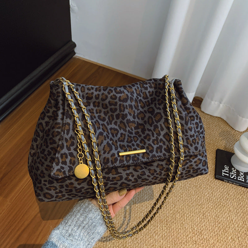 Leopard Print Suede Tote Bag with Chain Strap