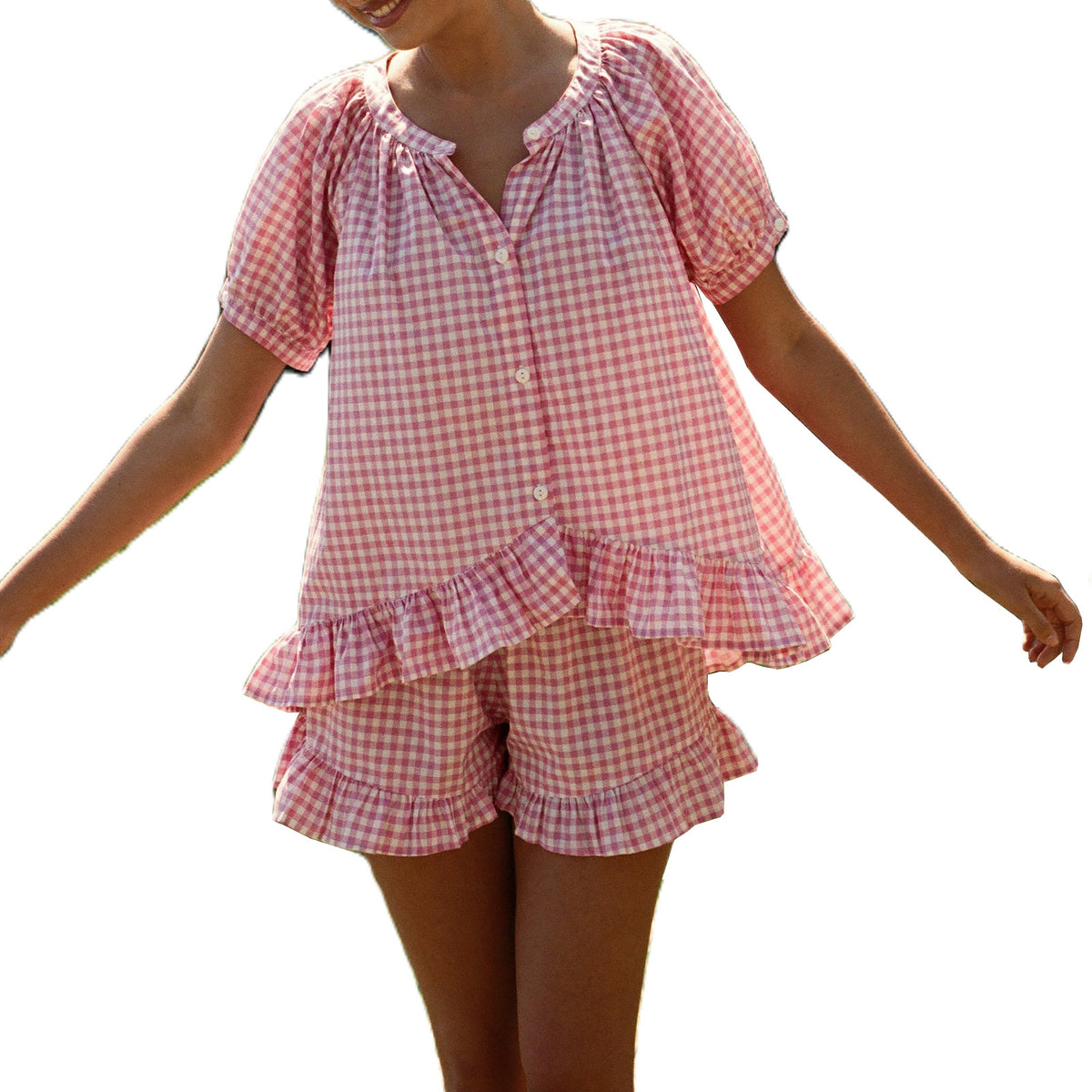 Womens Plaid Pajama Set with Ruffle Detail