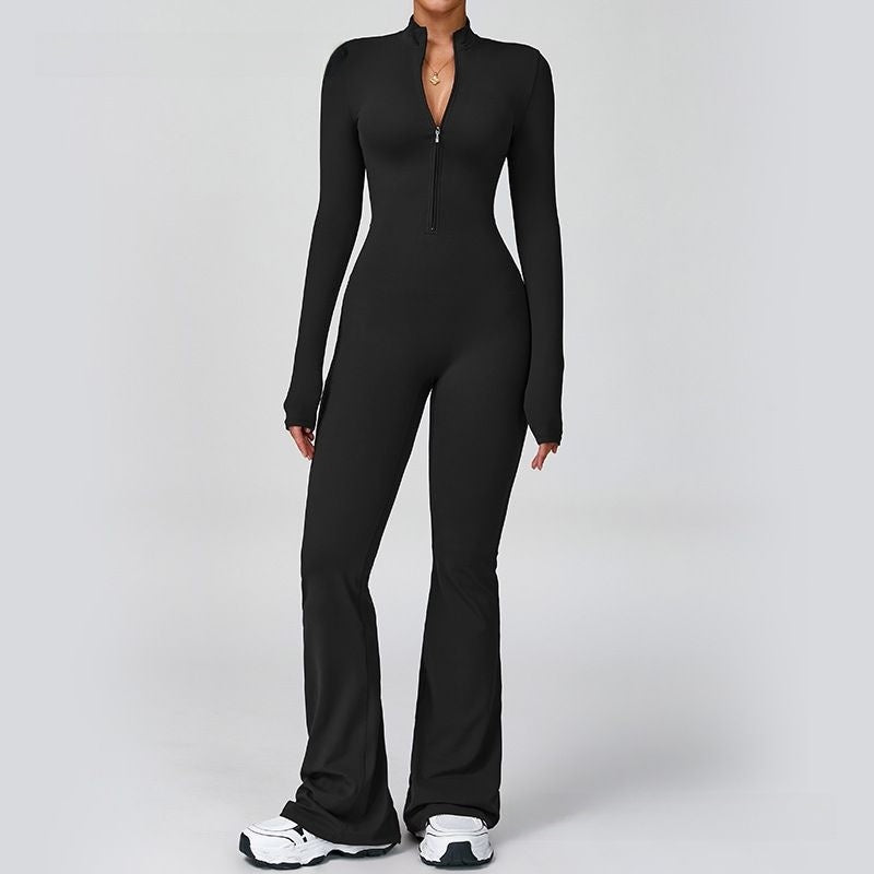 Tight Zip Up Dance Yoga Jumpsuit Flared Pants