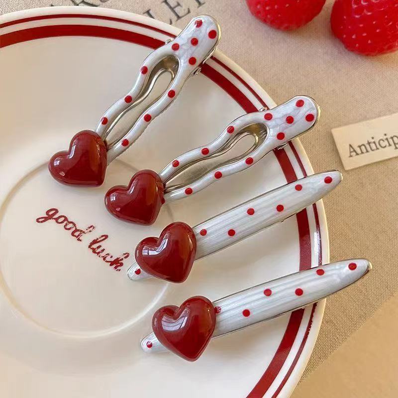 3pcs Red heart-shaped cherry polka dot hairpin