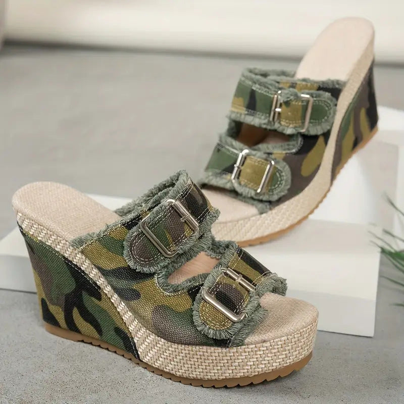 Womens Thick Sole Wedge Sandals Open Toe Denim Casual