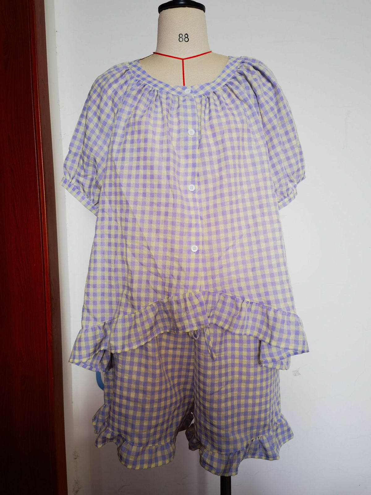Womens Plaid Pajama Set with Ruffle Detail