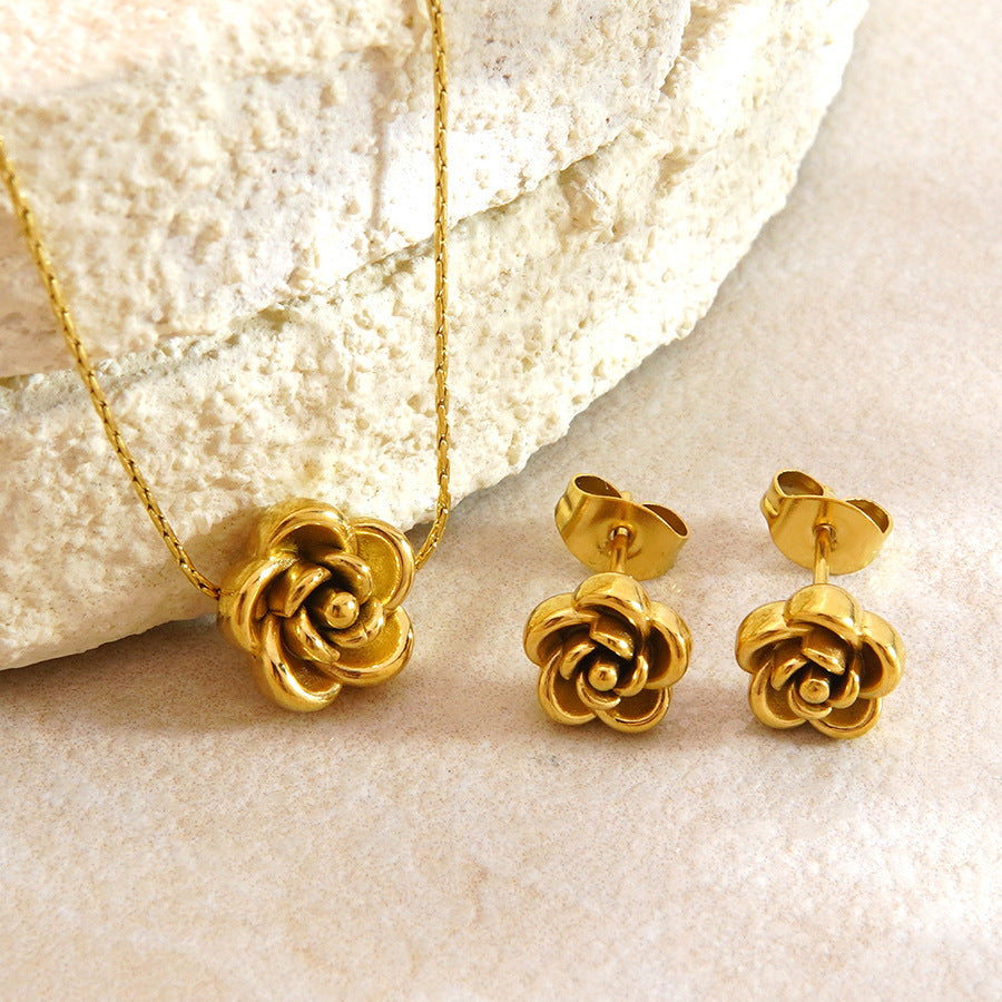 Stainless Steel Flower Necklace and Earring Set French Retro Gold Plated Jewelry