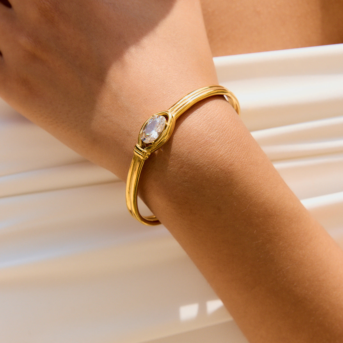 Stainless Steel, White Zircon, Double-Layered Open Stainless Steel Bracelet