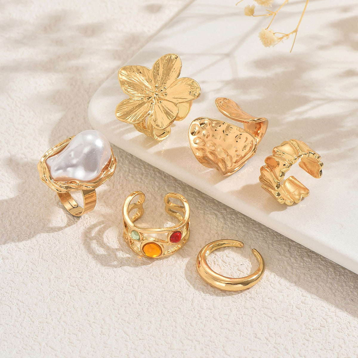 Ring Set Women's Floral Pearl Geometric
