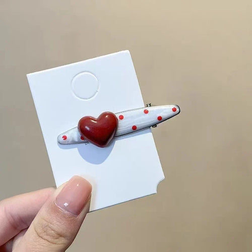 3pcs Red heart-shaped cherry polka dot hairpin