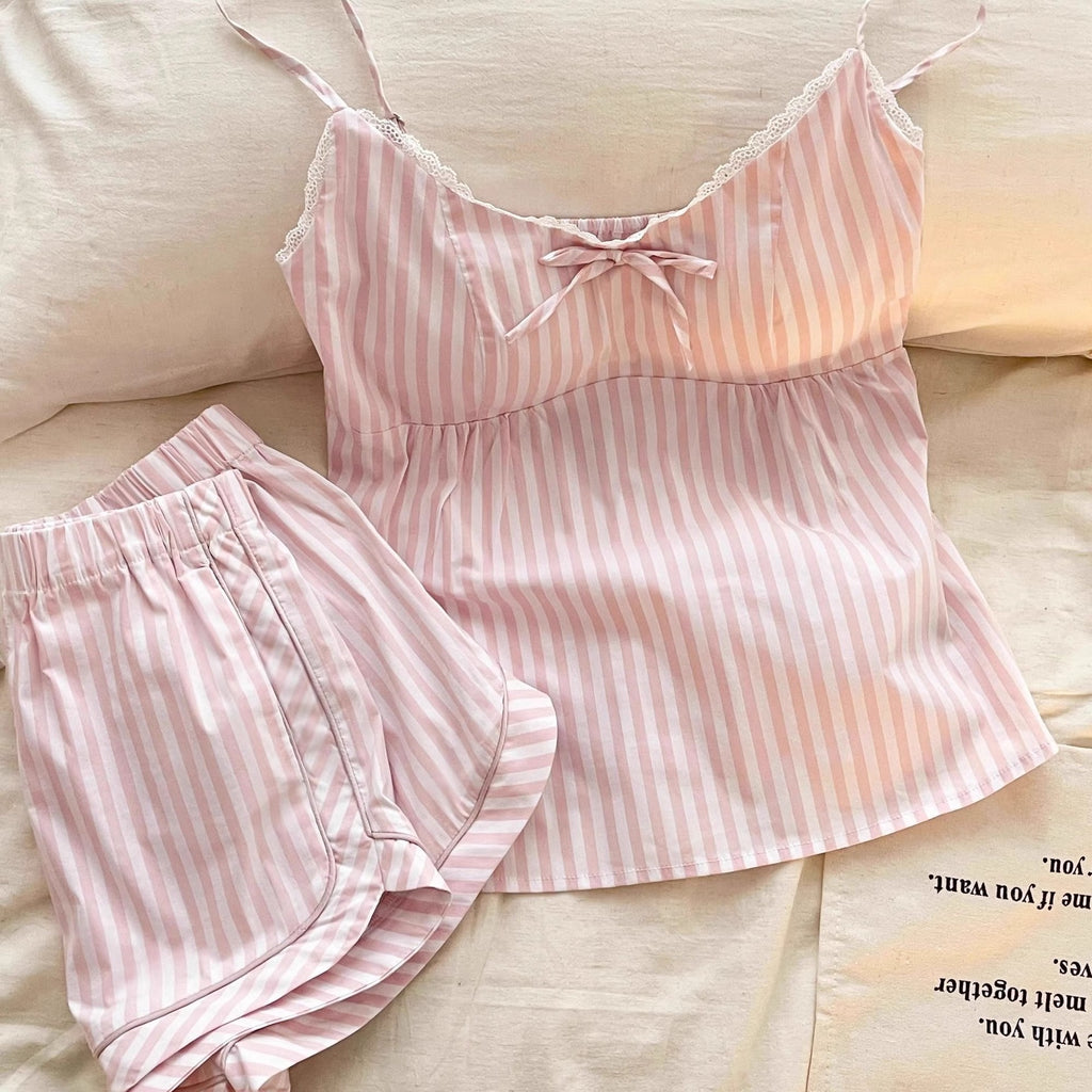 Pink Striped Bow Pajama Set for Women