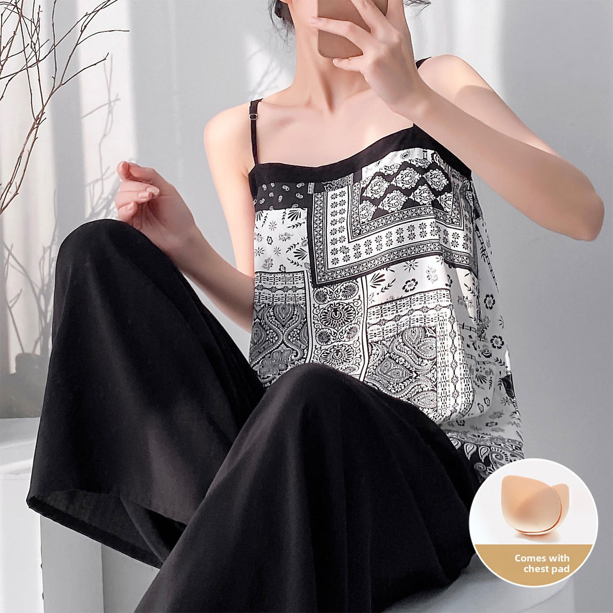 Cotton Silk Pajama Set with Strapless Camisole