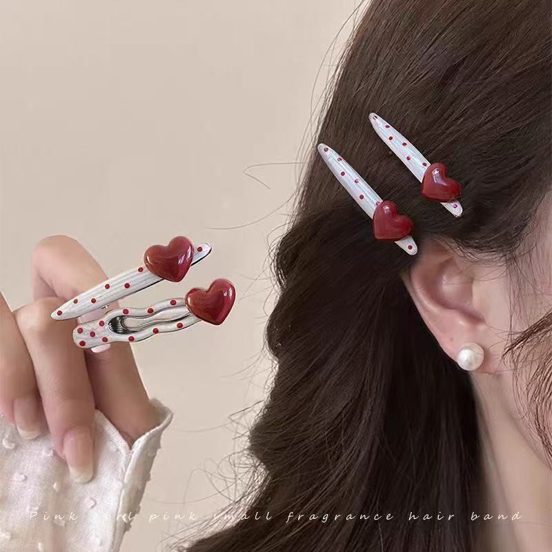 3pcs Red heart-shaped cherry polka dot hairpin