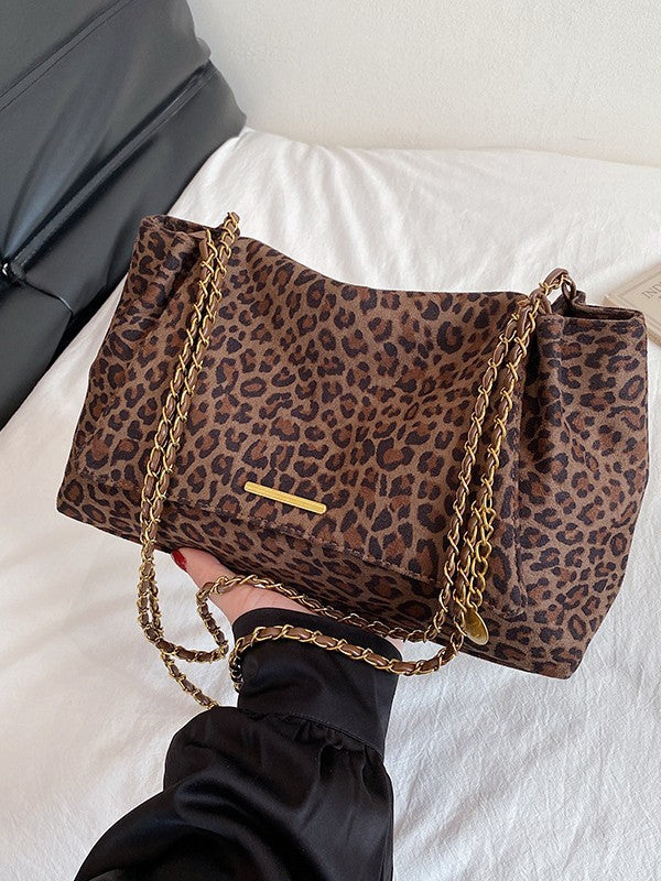 Leopard Print Suede Tote Bag with Chain Strap