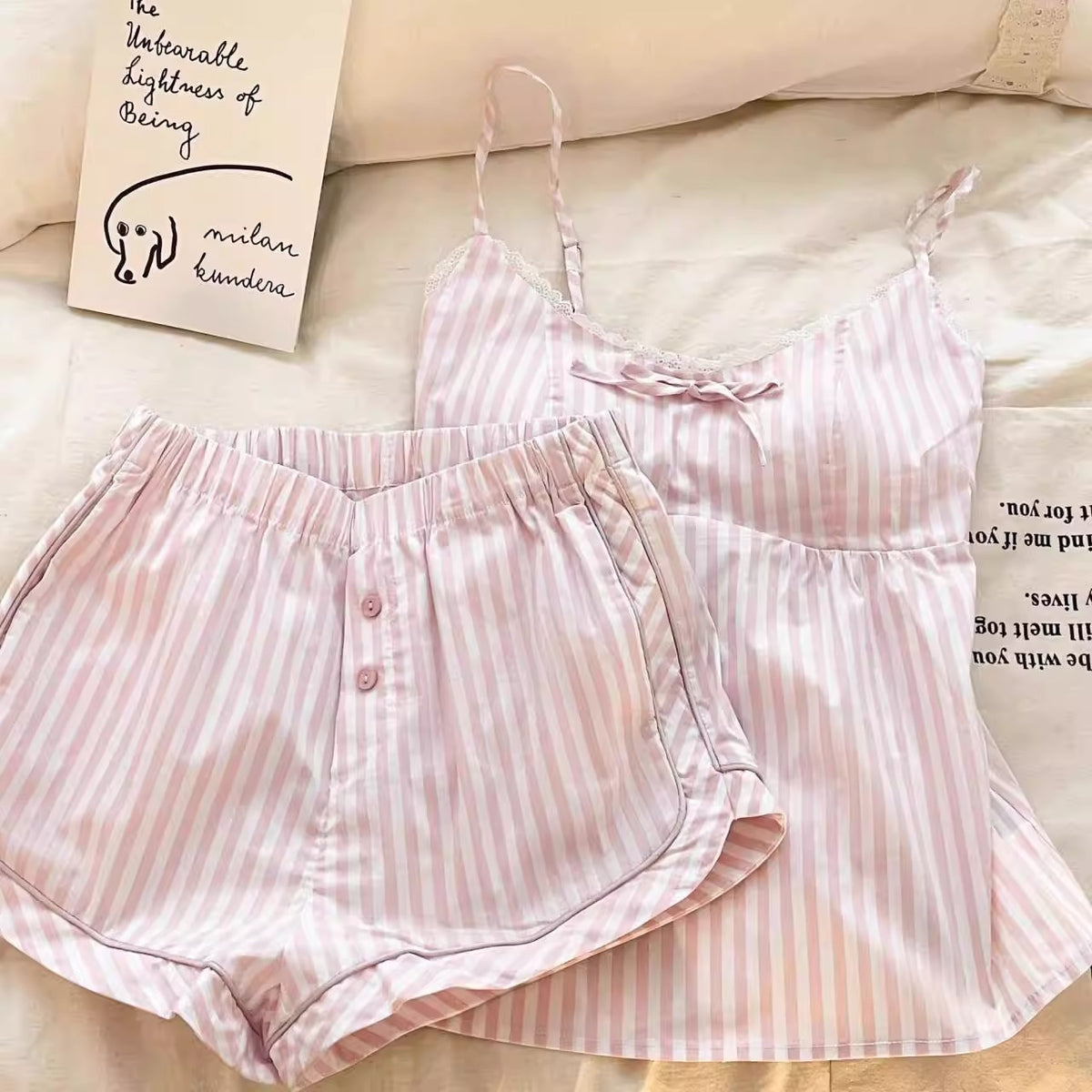 Pink Striped Bow Pajama Set for Women