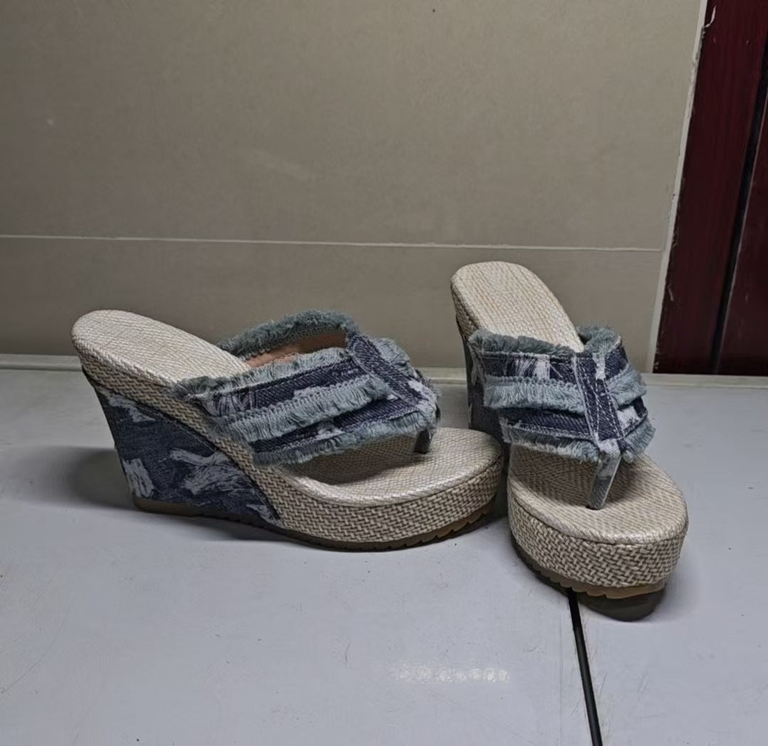 Womens Thick Sole Wedge Sandals Open Toe Denim Casual