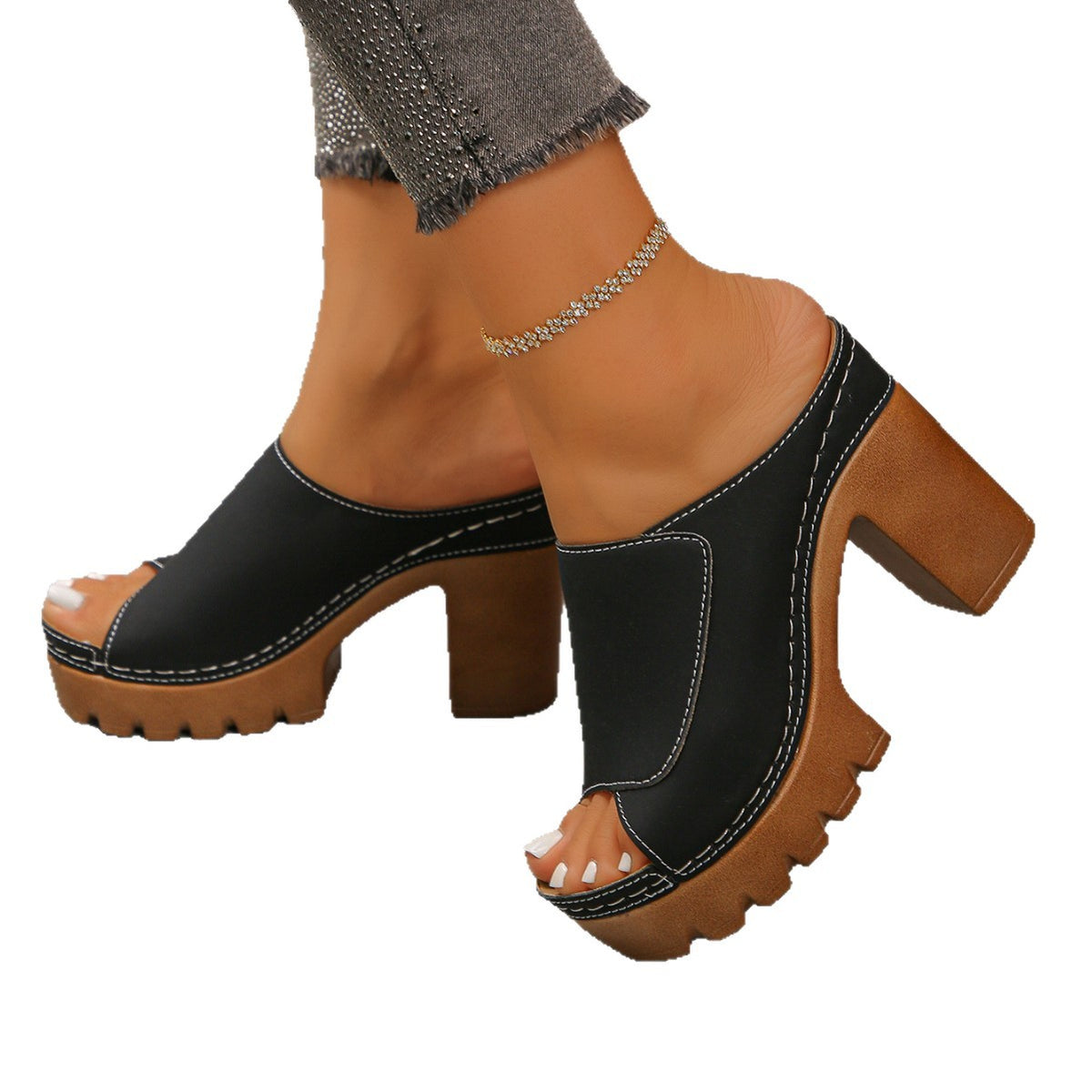 Platform Peep-Toe Sandals with Thick Heel