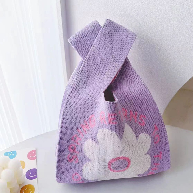 Knitted Woven Handbag with Floral Patterns