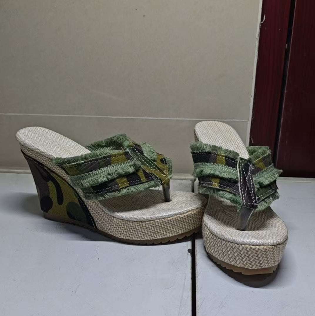 Womens Thick Sole Wedge Sandals Open Toe Denim Casual