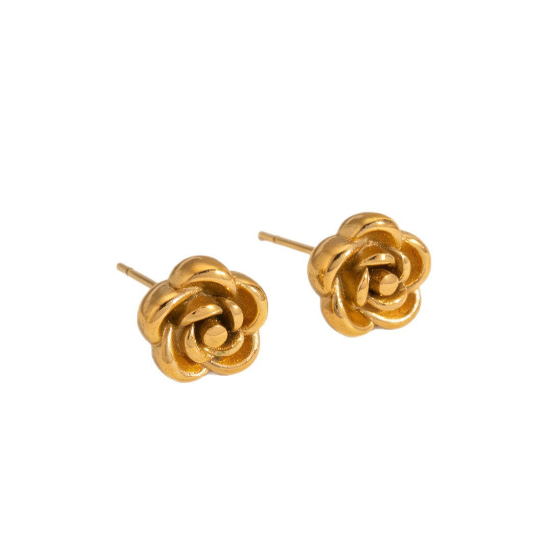 Stainless Steel Flower Necklace and Earring Set French Retro Gold Plated Jewelry