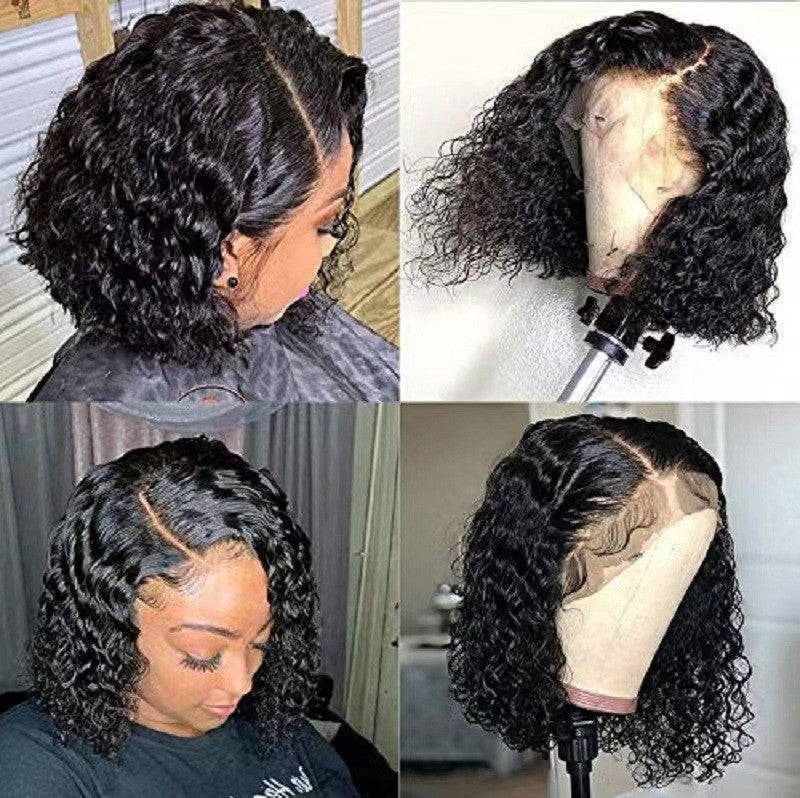 Black mid-part short curly hair