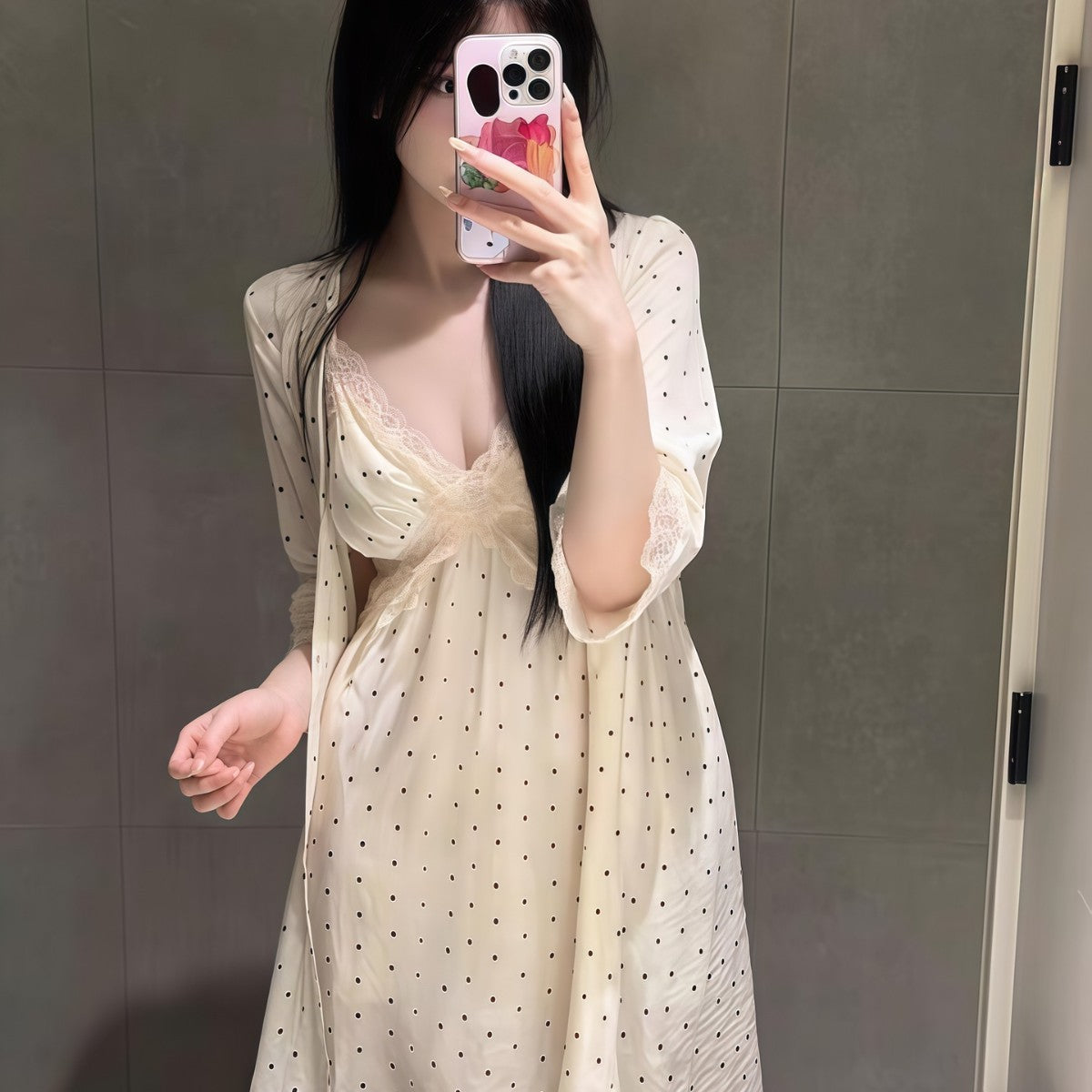 Satin Lace Womens Nightgown Robe Set