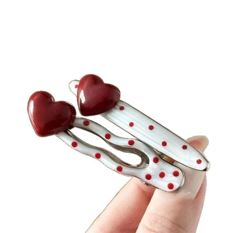 3pcs Red heart-shaped cherry polka dot hairpin