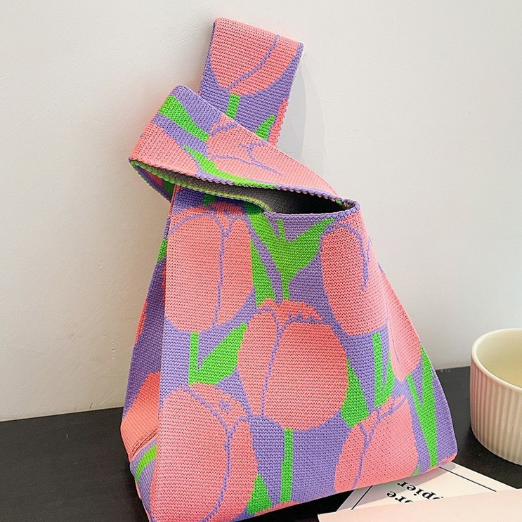 Knitted Woven Handbag with Floral Patterns