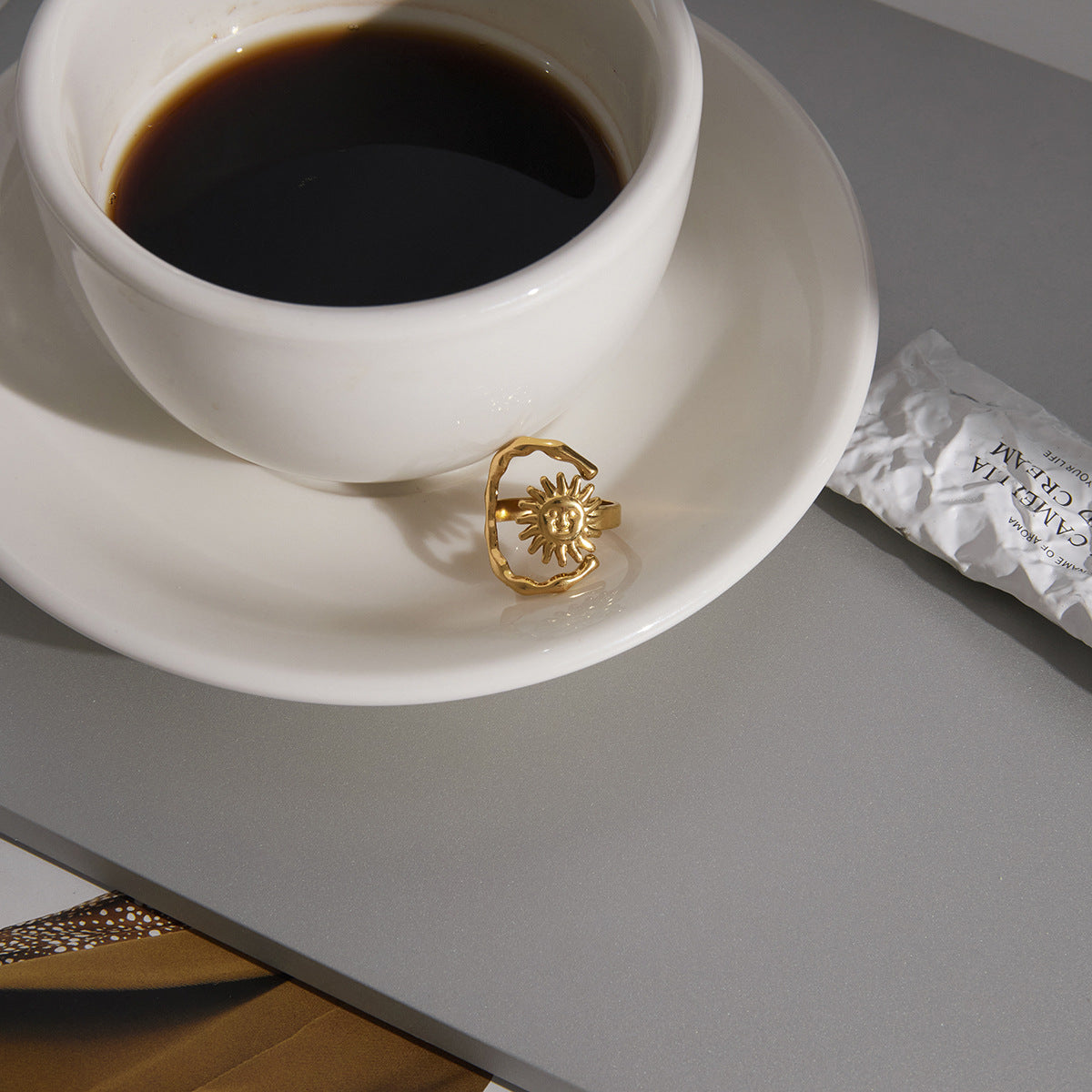 Sun Moon Open Ring Gold Plated