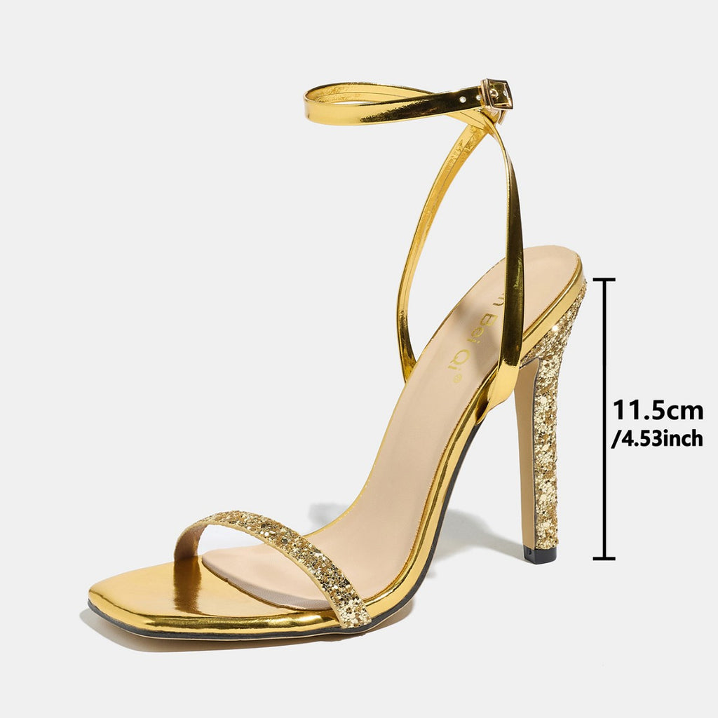 Womens Square Toe Sequin Stiletto Sandals