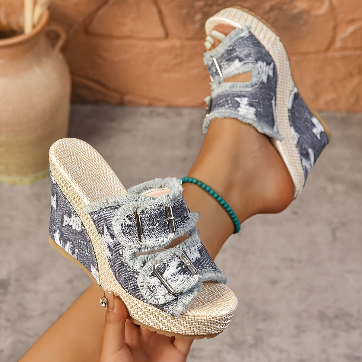 Womens Thick Sole Wedge Sandals Open Toe Denim Casual