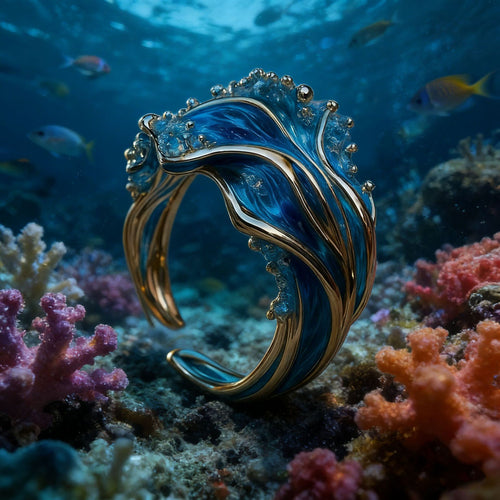 Blue and gold sea wave open ring