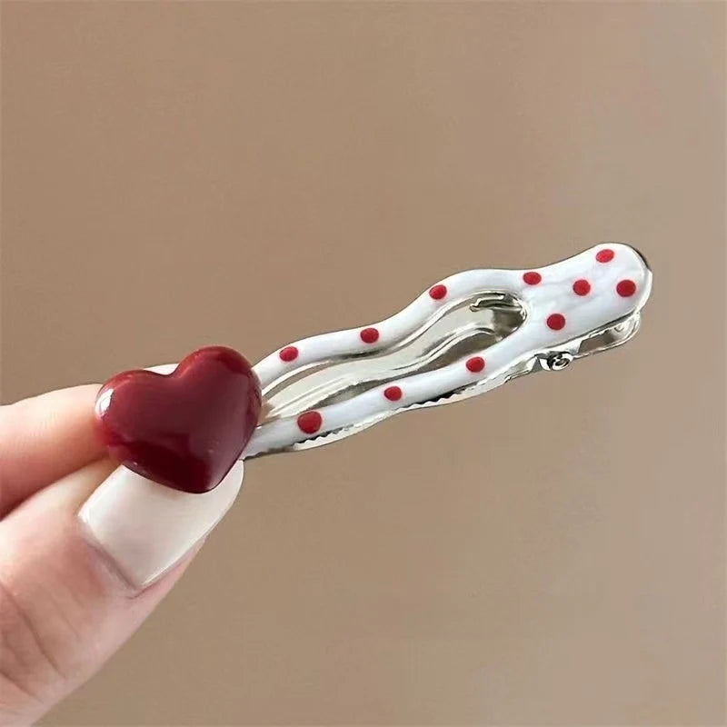 3pcs Red heart-shaped cherry polka dot hairpin
