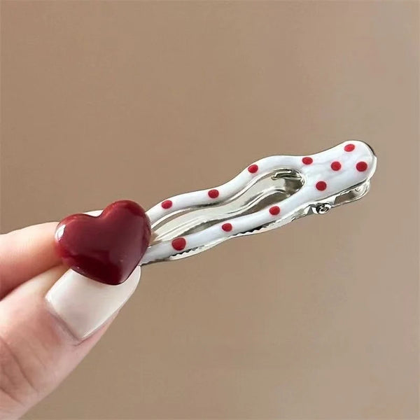 3pcs Red heart-shaped cherry polka dot hairpin