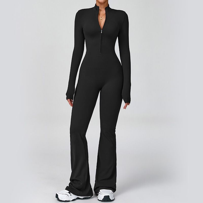 Tight Zip Up Dance Yoga Jumpsuit Flared Pants