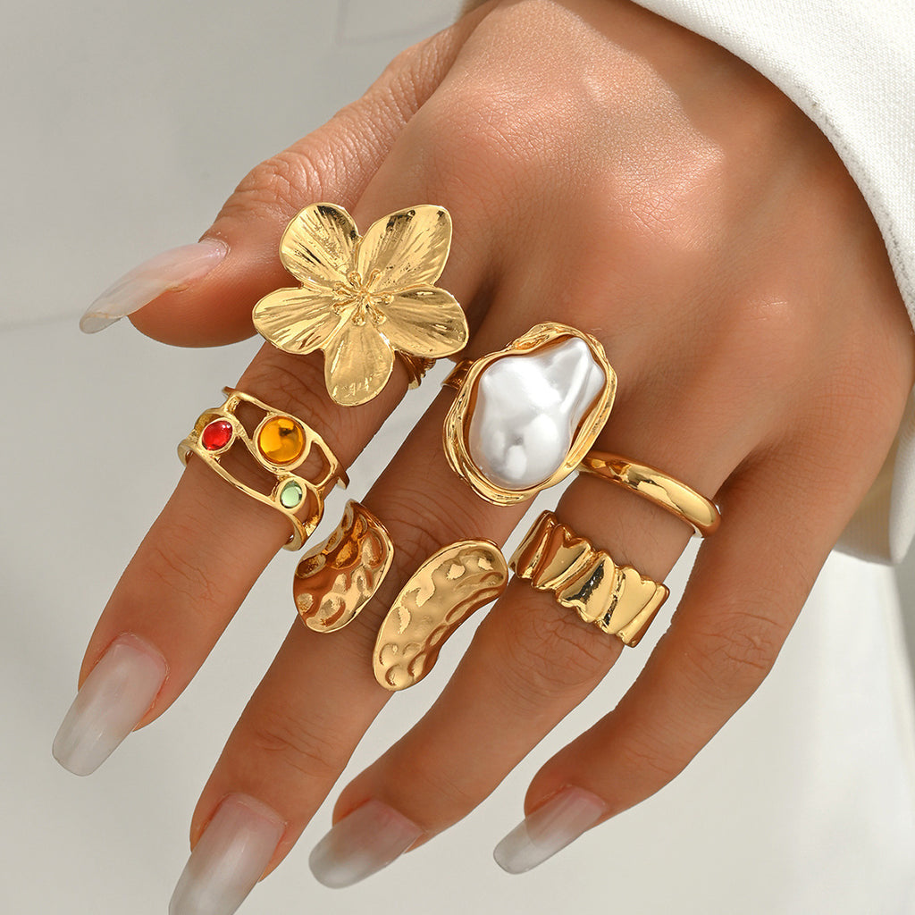 Ring Set Women's Floral Pearl Geometric
