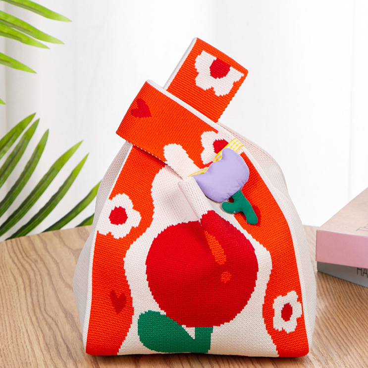 Knitted Woven Handbag with Floral Patterns