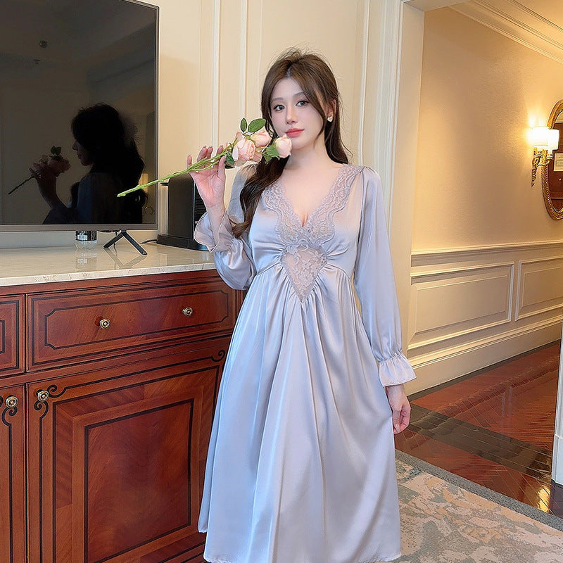 Women's Vintage Court Style Long Nightgown Ice Silk Pajamas