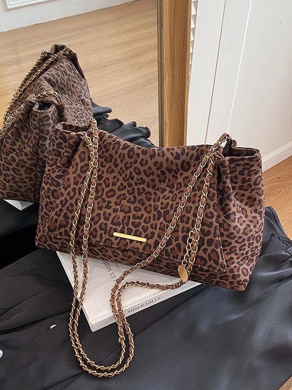 Leopard Print Suede Tote Bag with Chain Strap