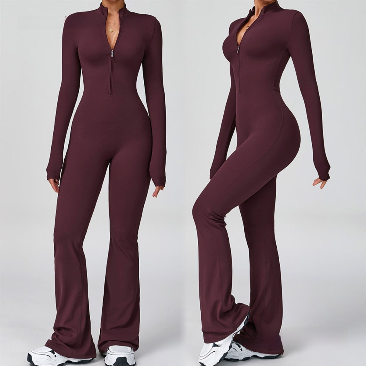 Tight Zip Up Dance Yoga Jumpsuit Flared Pants