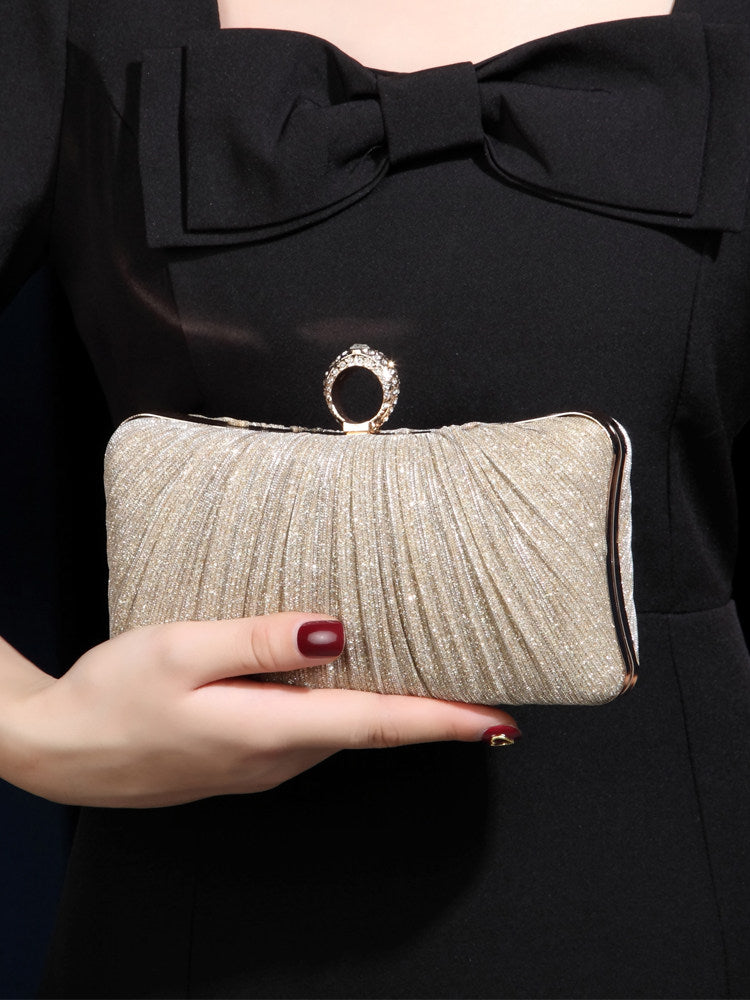 Pleated Shimmer Evening Clutch Bag with Ring Detail