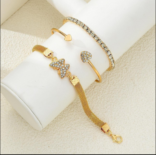 Diamond-Encrusted Open Butterfly Bracelet Set