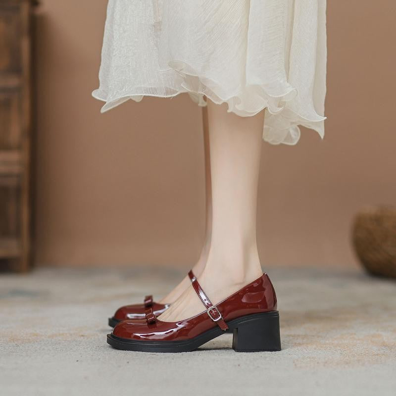 Women's Leather Buckle Heeled Shoes