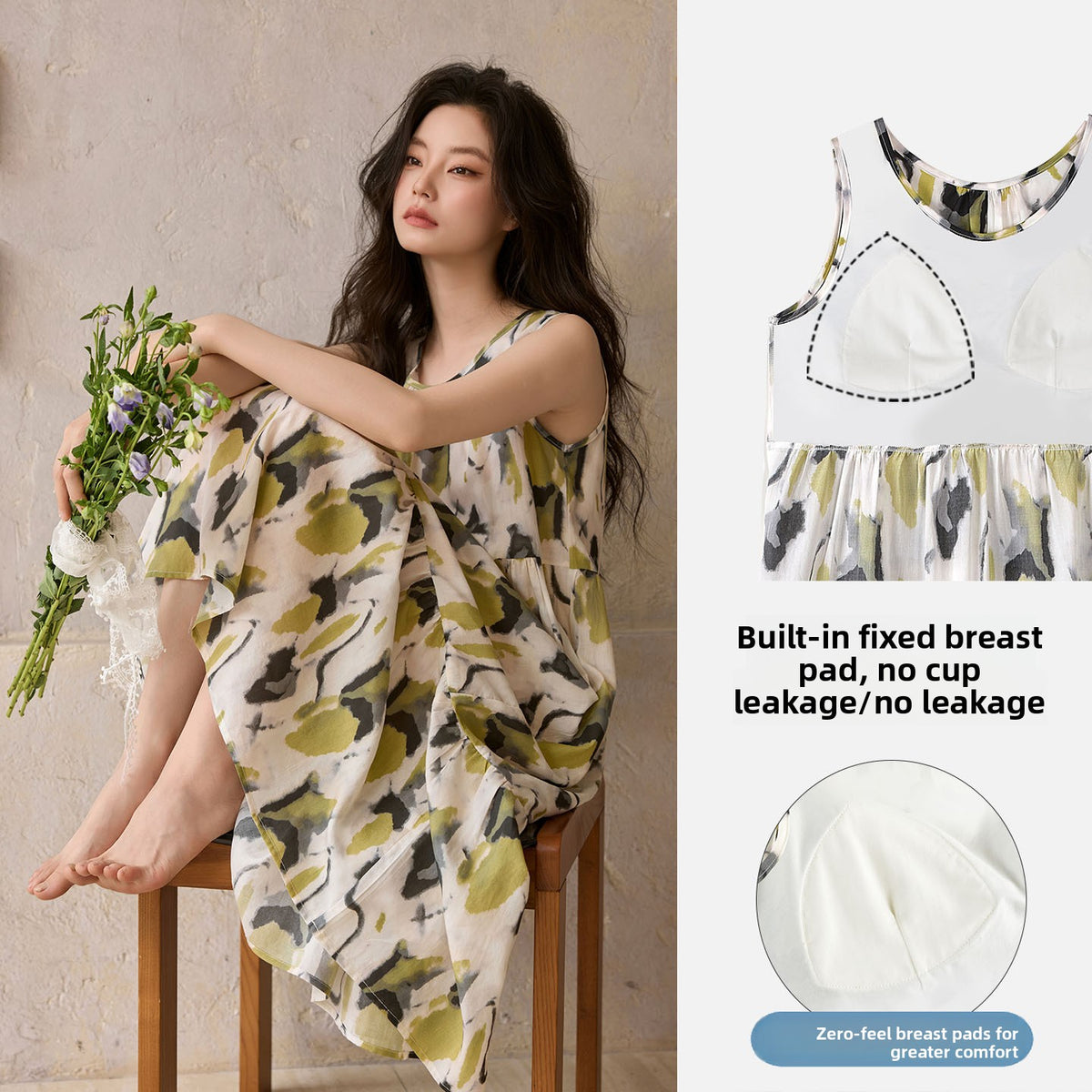 Womens Sleeveless Nightgown With Chest Pad