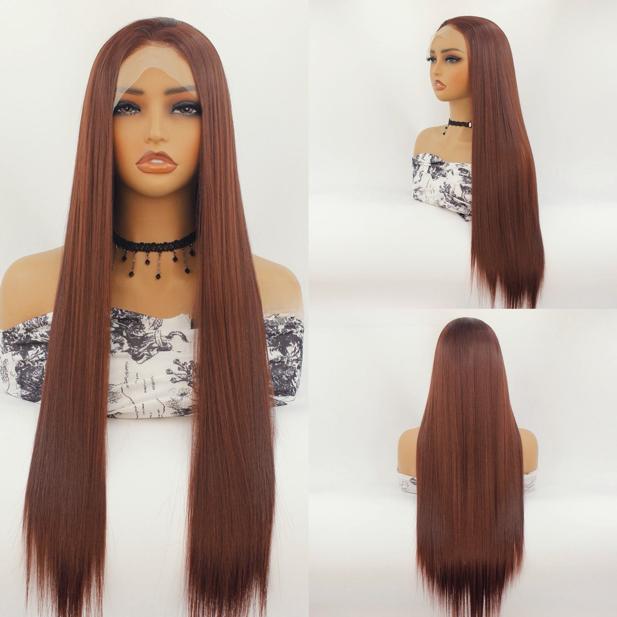 Red-Brown Lace Synthetic Wig with Pre-Pulled Hairline