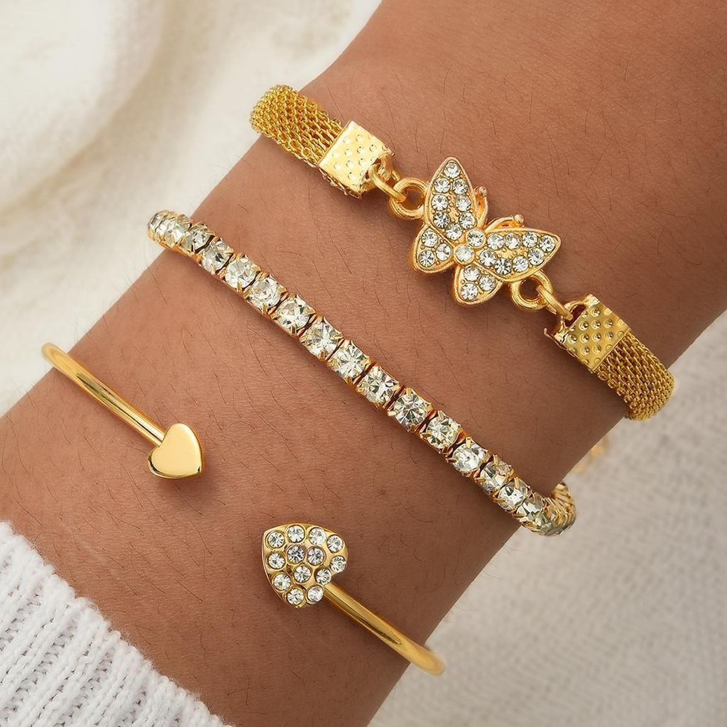 Diamond-Encrusted Open Butterfly Bracelet Set