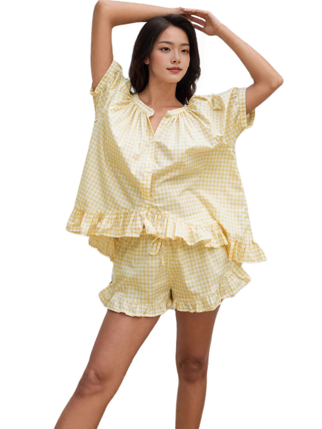 Womens Plaid Pajama Set with Ruffle Detail