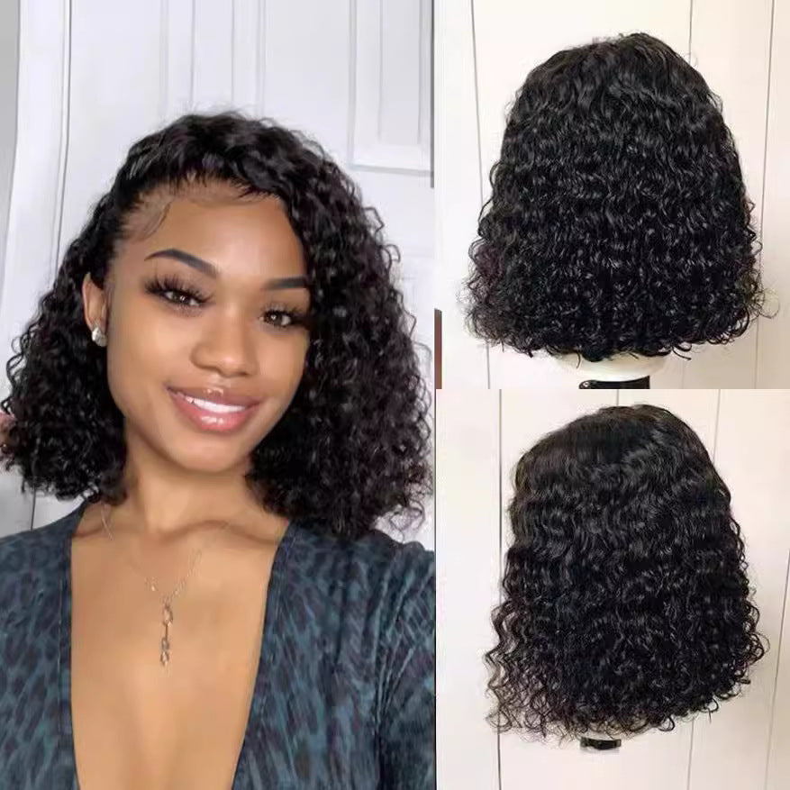 Black mid-part short curly hair