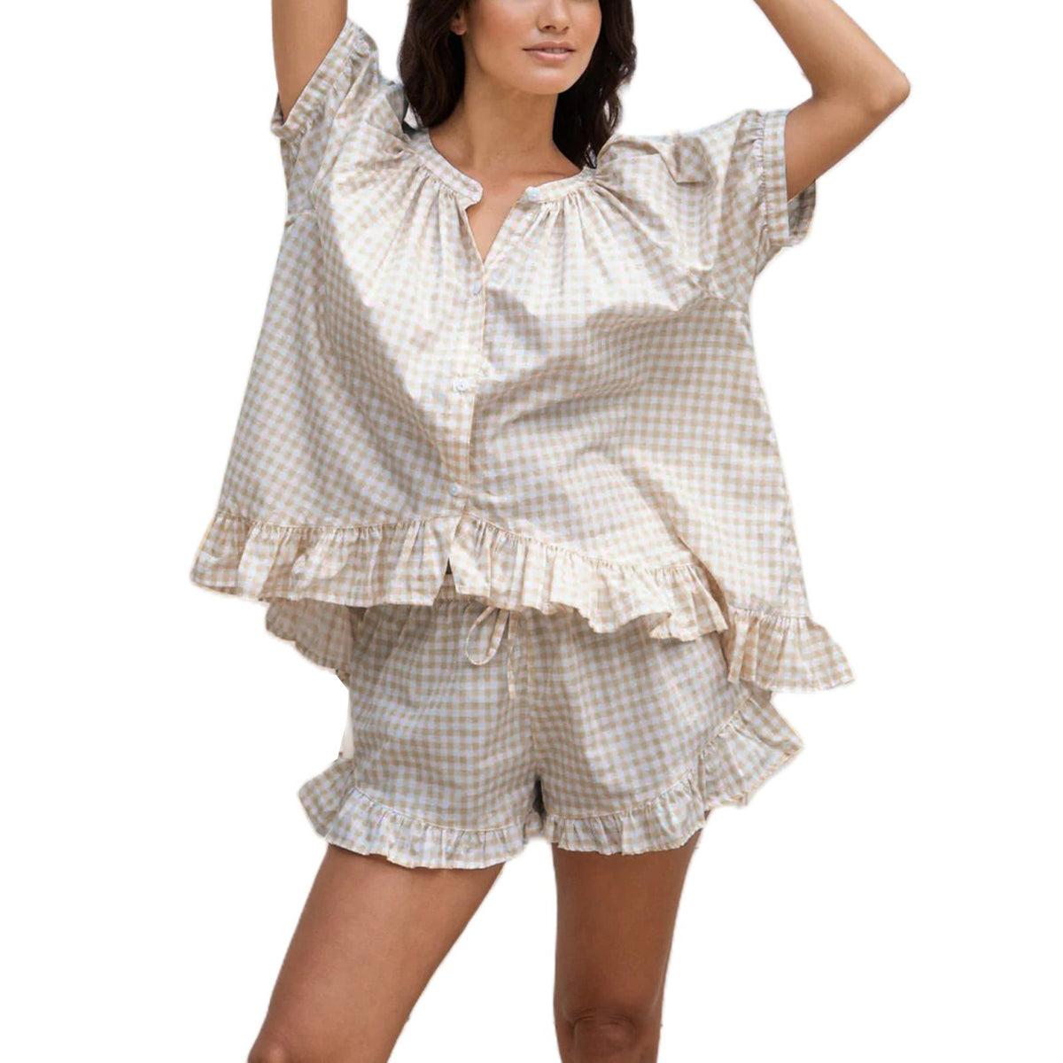 Womens Plaid Pajama Set with Ruffle Detail