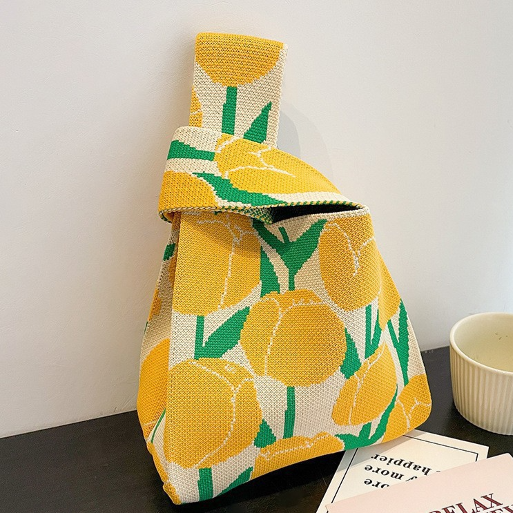 Knitted Woven Handbag with Floral Patterns