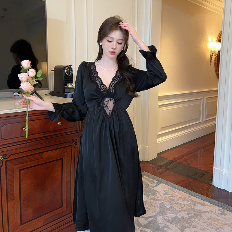 Women's Vintage Court Style Long Nightgown Ice Silk Pajamas