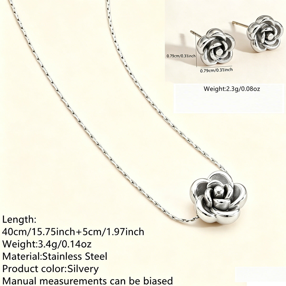Stainless Steel Flower Necklace and Earring Set French Retro Gold Plated Jewelry