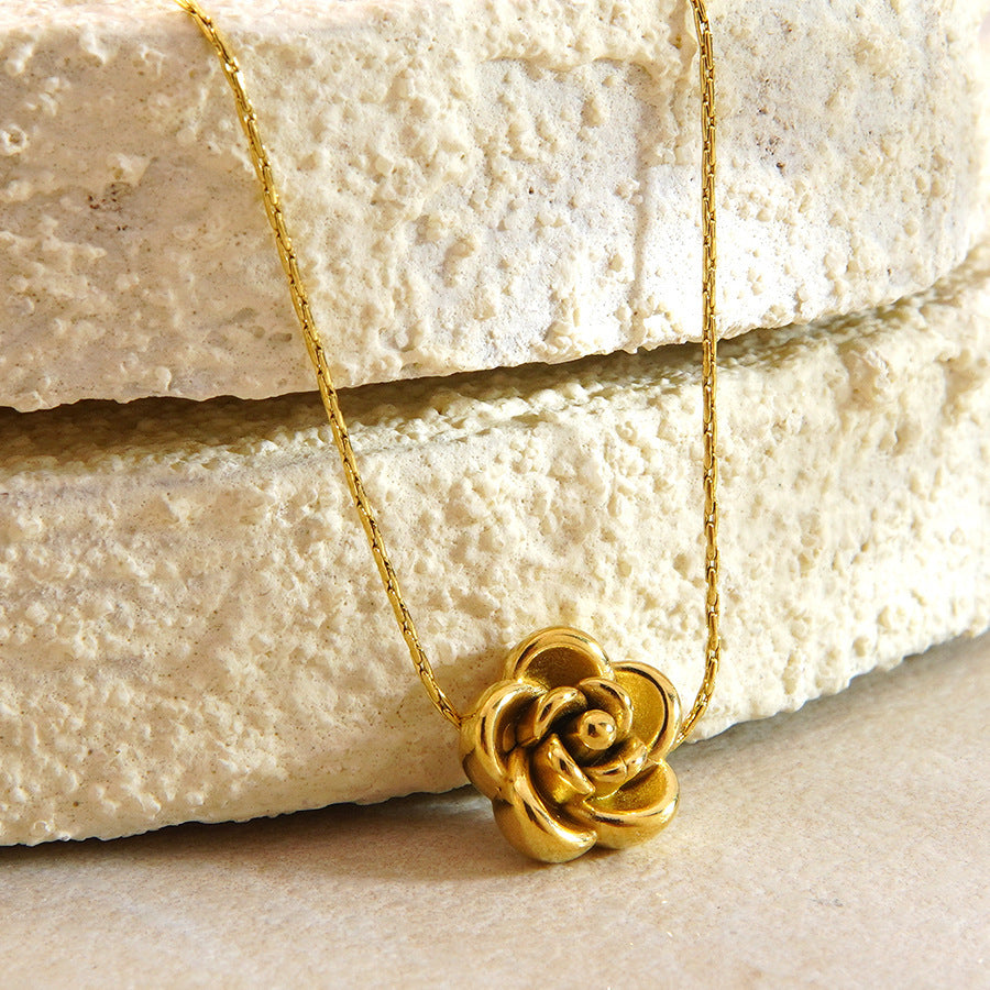 Stainless Steel Flower Necklace and Earring Set French Retro Gold Plated Jewelry